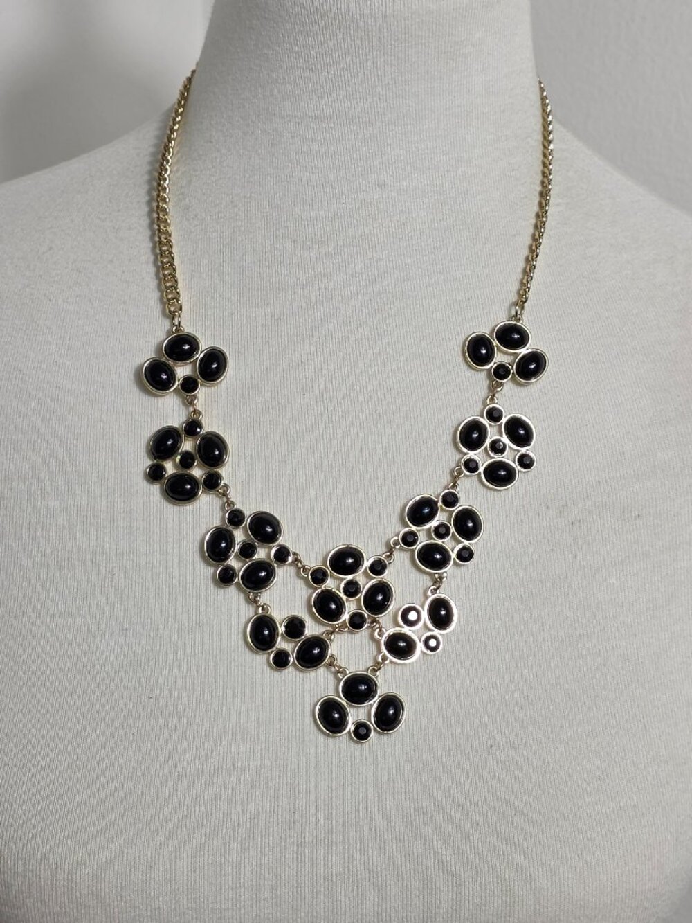 Gold-Tone Bib Statement Necklace Floral Inspired Clusters with Black Stones